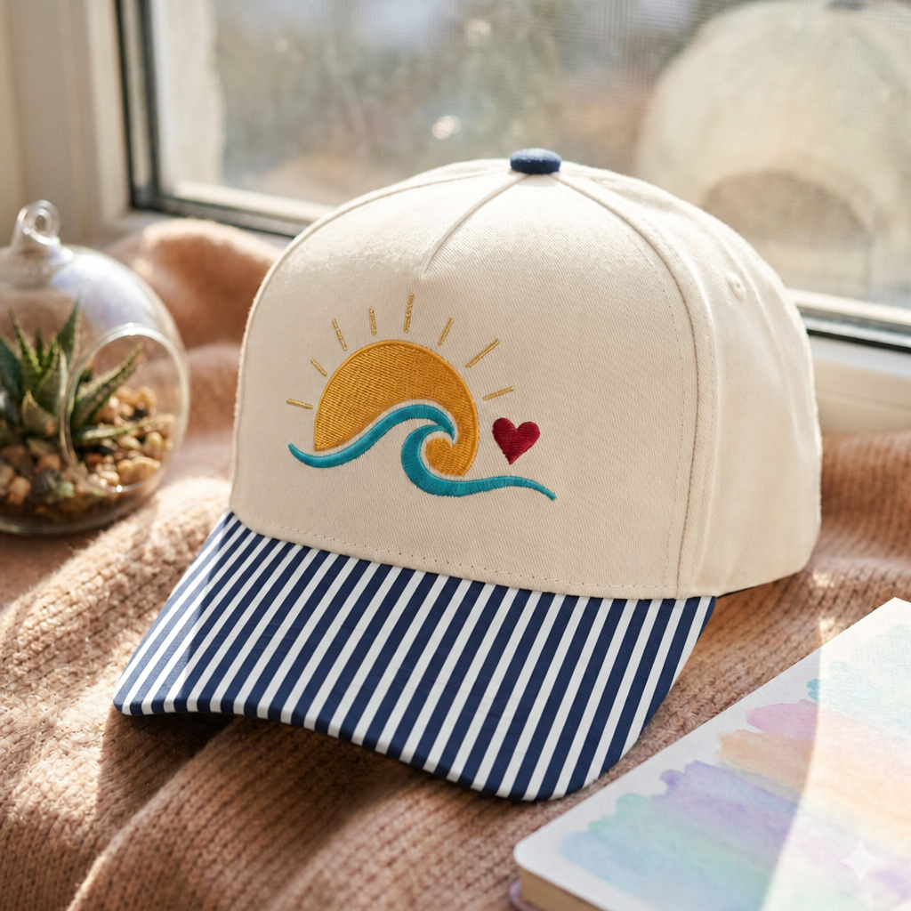 Sun Waves Heart Minimalist Beach Embroidered Gingham & Stripe Brim Hat