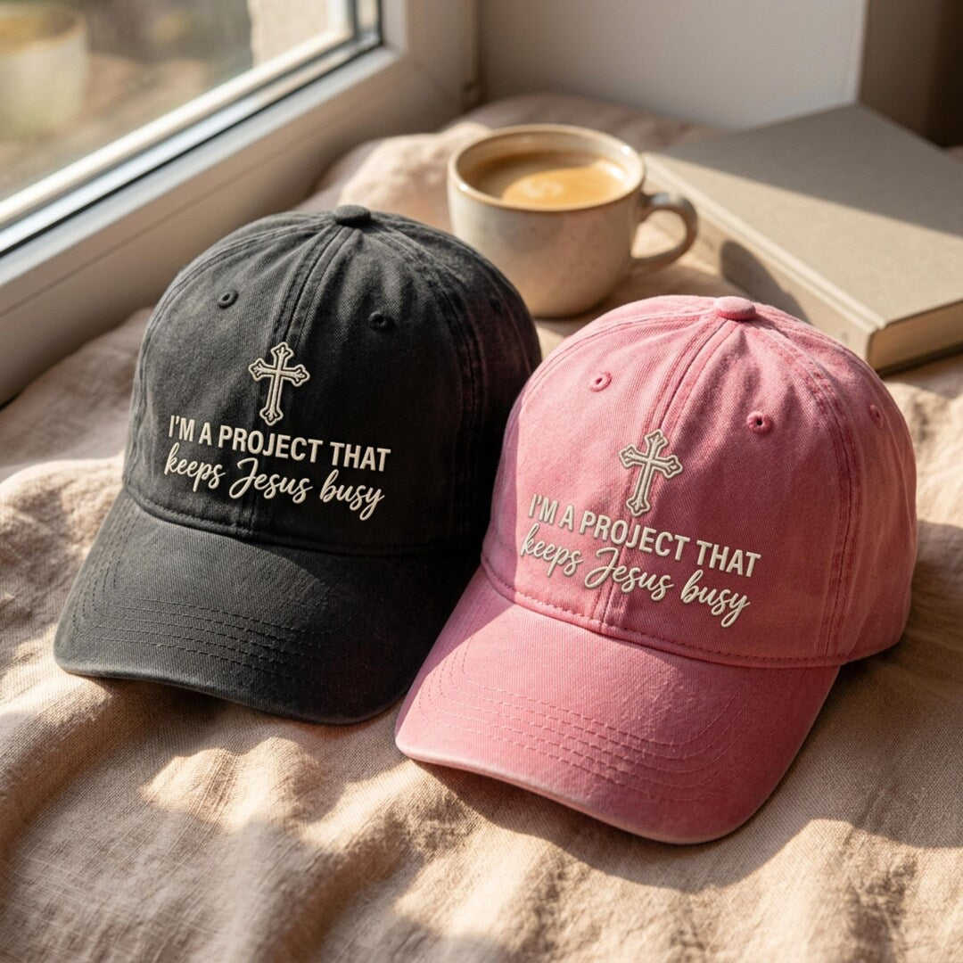 I'm A Project That Keeps Jesus Busy Cross Christian Embroidered Hat — Washed Hat