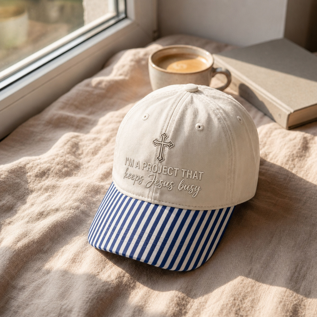 I'm A Project That Keeps Jesus Busy Cross Christian Embroidered Gingham & Stripe Brim Hat