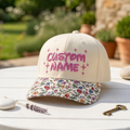 Personalized Custom Name Retro Sparkle Embroidered Floral & Leopard Brim Hat