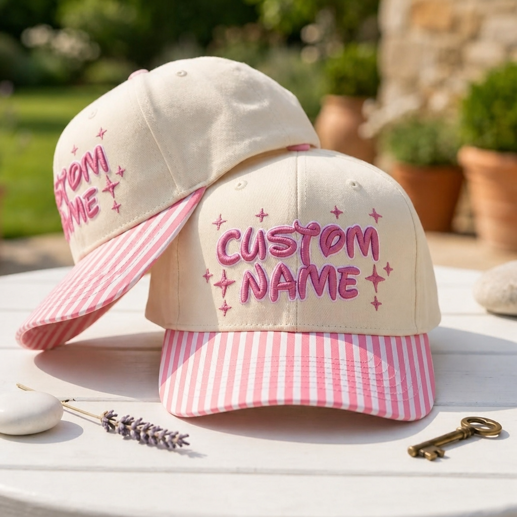 Personalized Custom Name Retro Sparkle Embroidered Gingham & Stripe Brim Hat