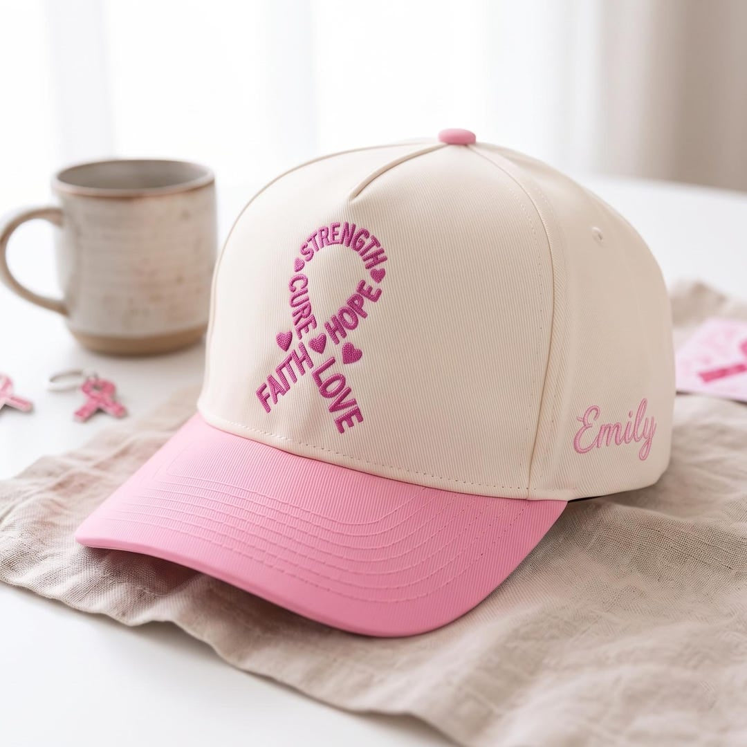 Personalized Breast Cancer Awareness Ribbon Faith Hope Love Strength Cure embroidered two-tone hat — front view