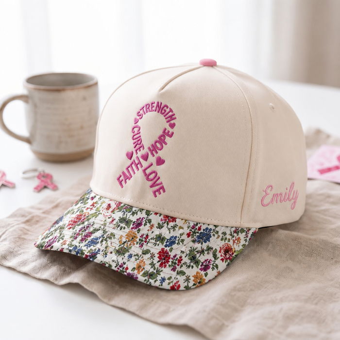 Personalized Breast Cancer Awareness Ribbon Faith Hope Love Strength Cure Embroidered Floral & Leopard Brim Hat