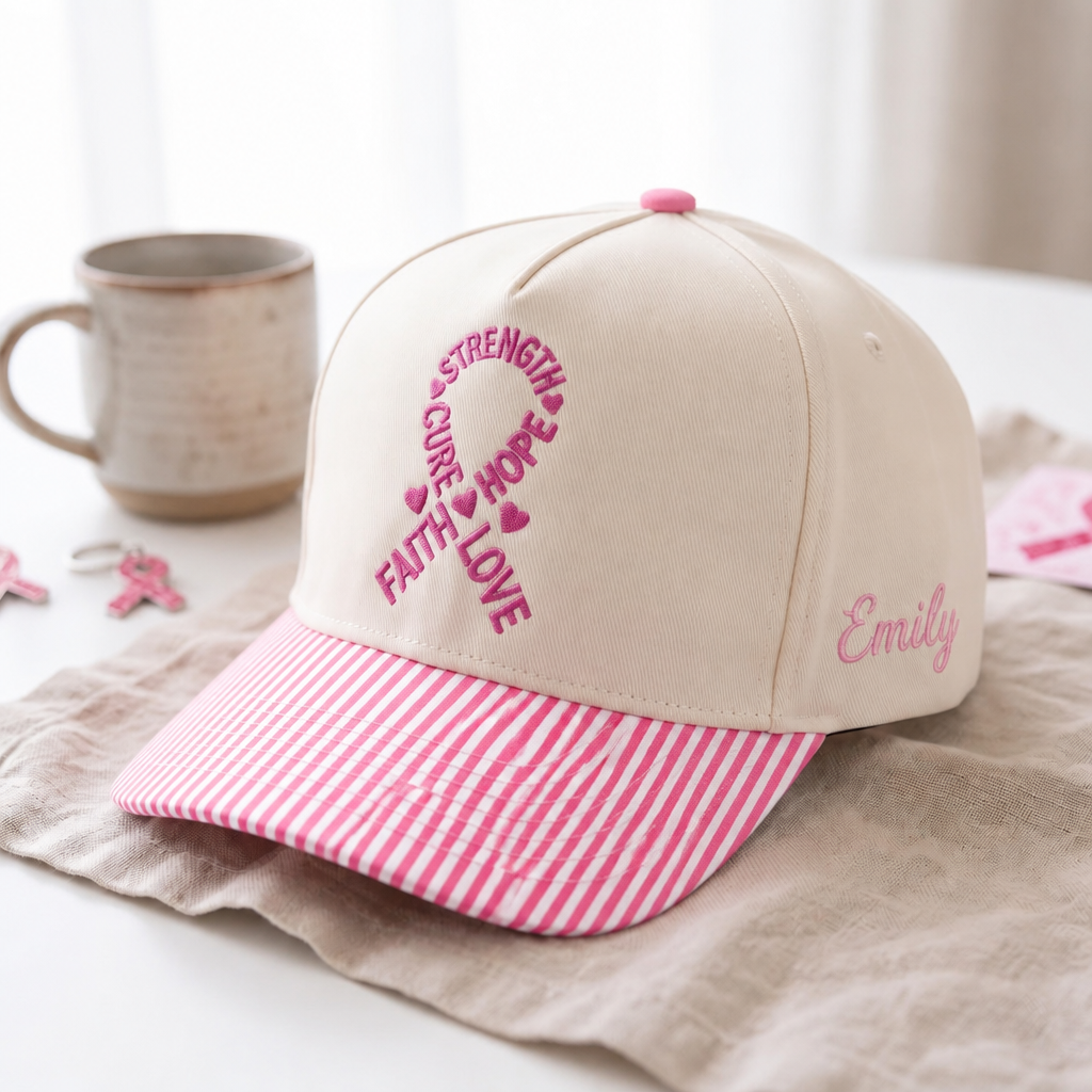 Personalized Breast Cancer Awareness Ribbon Faith Hope Love Strength Cure Embroidered Gingham & Stripe Brim Hat