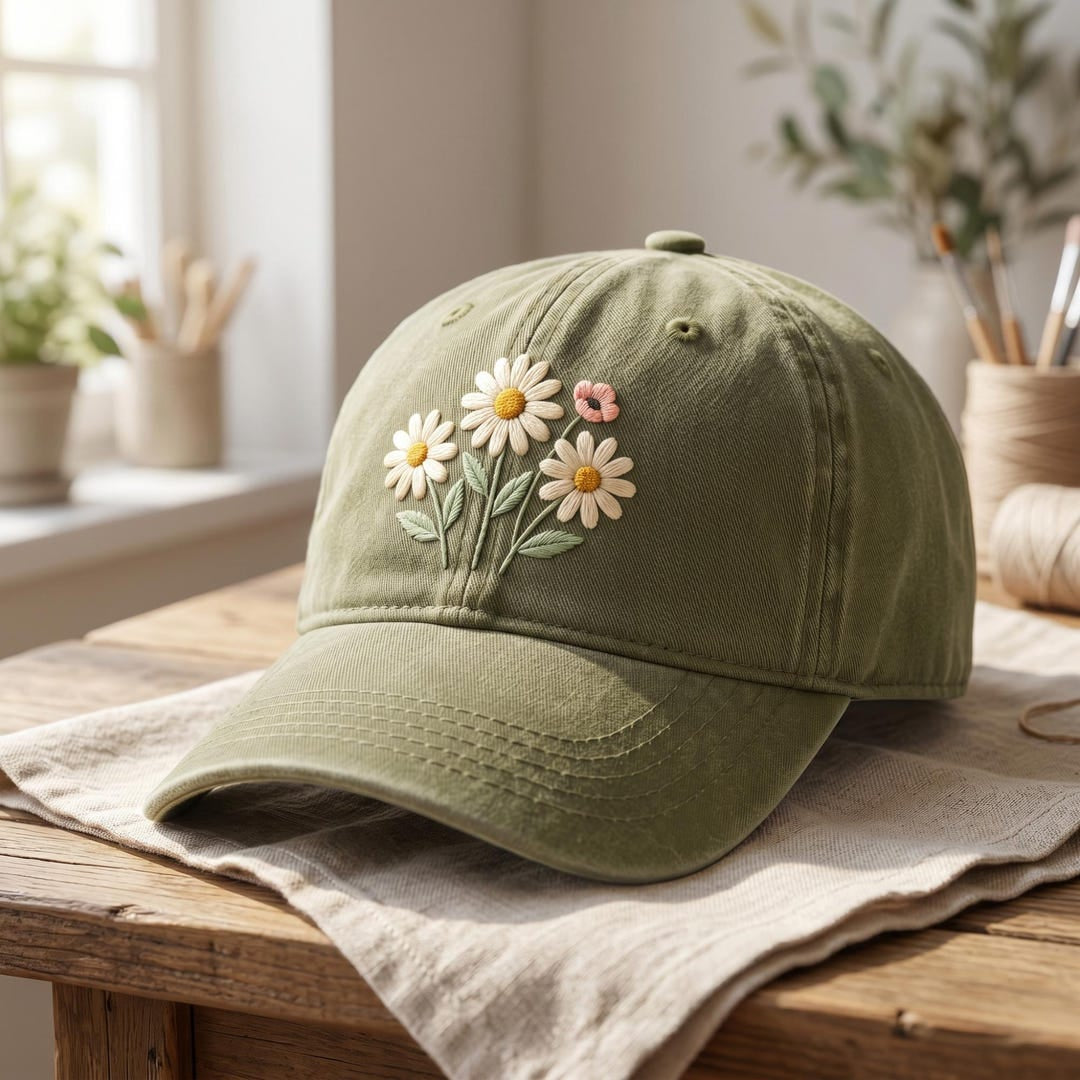 Personalized Daisy Wildflower Bouquet Cottagecore Garden Embroidered Hat — Washed Hat