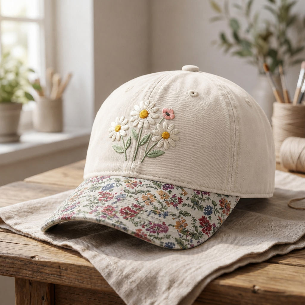 Personalized Daisy Wildflower Bouquet Cottagecore Garden Embroidered Floral & Leopard Brim Hat