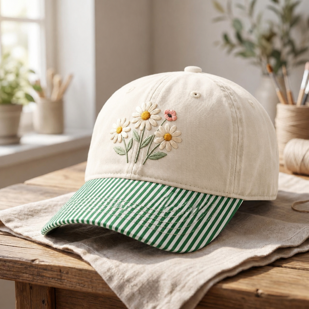 Personalized Daisy Wildflower Bouquet Cottagecore Garden Embroidered Gingham & Stripe Brim Hat