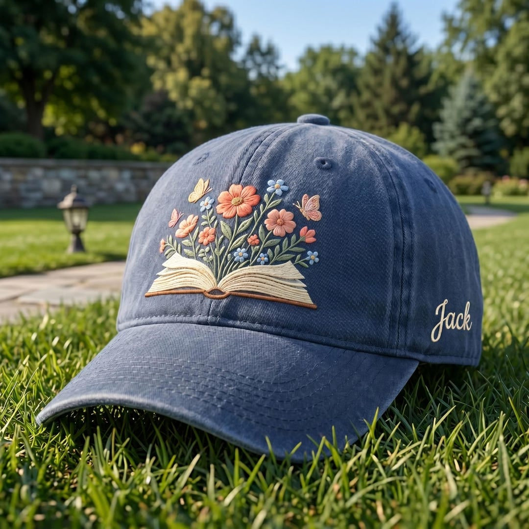 Personalized Floral Open Book Wildflowers Butterflies Cottagecore Embroidered Hat — Washed Hat