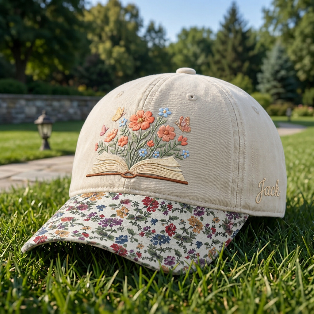 Personalized Floral Open Book Wildflowers Butterflies Cottagecore Embroidered Floral & Leopard Brim Hat