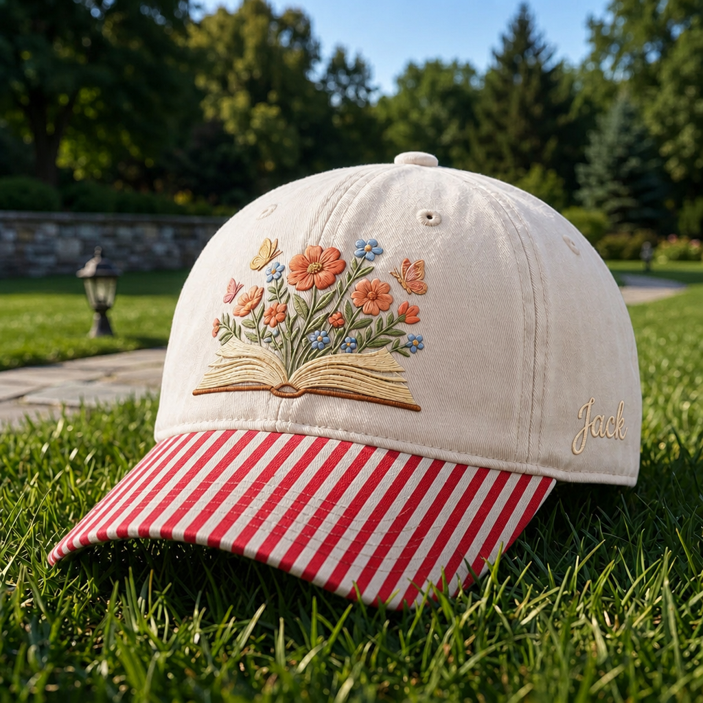 Personalized Floral Open Book Wildflowers Butterflies Cottagecore Embroidered Gingham & Stripe Brim Hat
