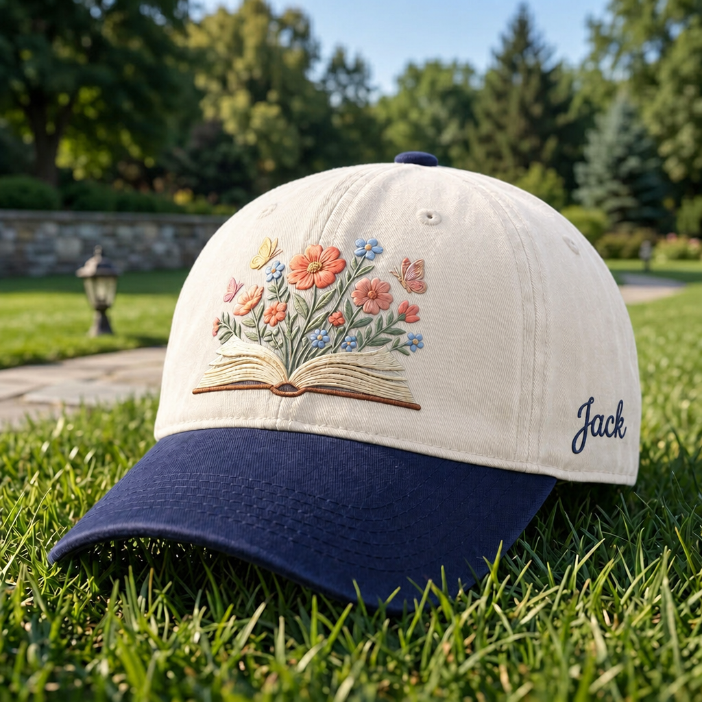 Personalized Floral Open Book Wildflowers Butterflies Cottagecore Embroidered Two-Tone Hat