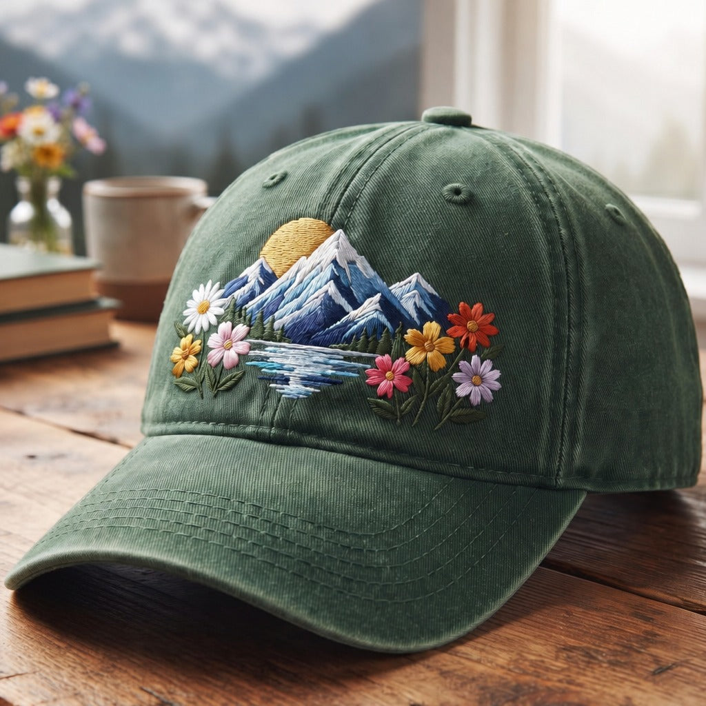 Personalized Mountain Wildflower Lake Sunrise Floral Nature Embroidered Hat — Washed Hat