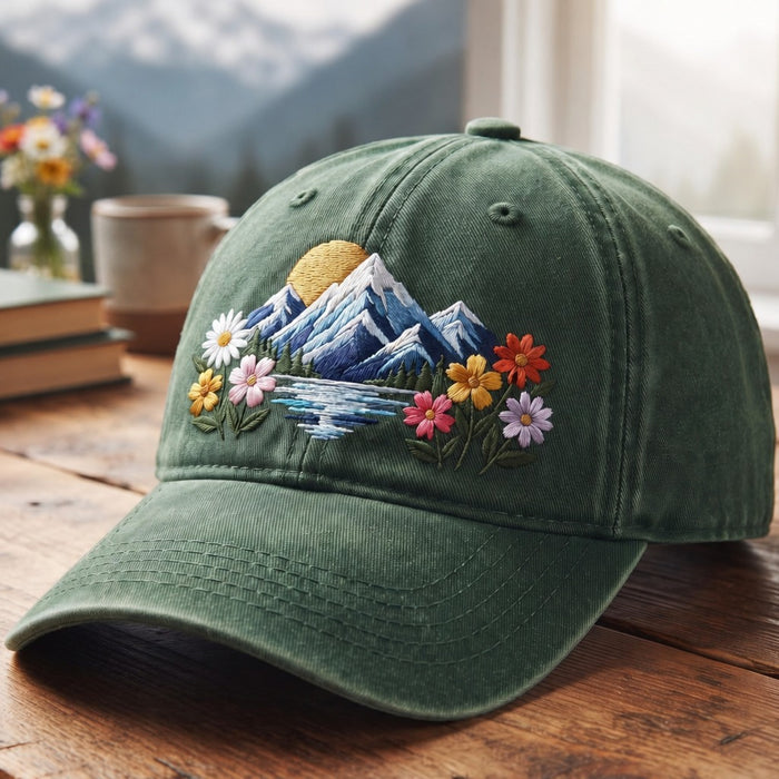 Personalized Mountain Wildflower Lake Sunrise Floral Nature Embroidered Hat