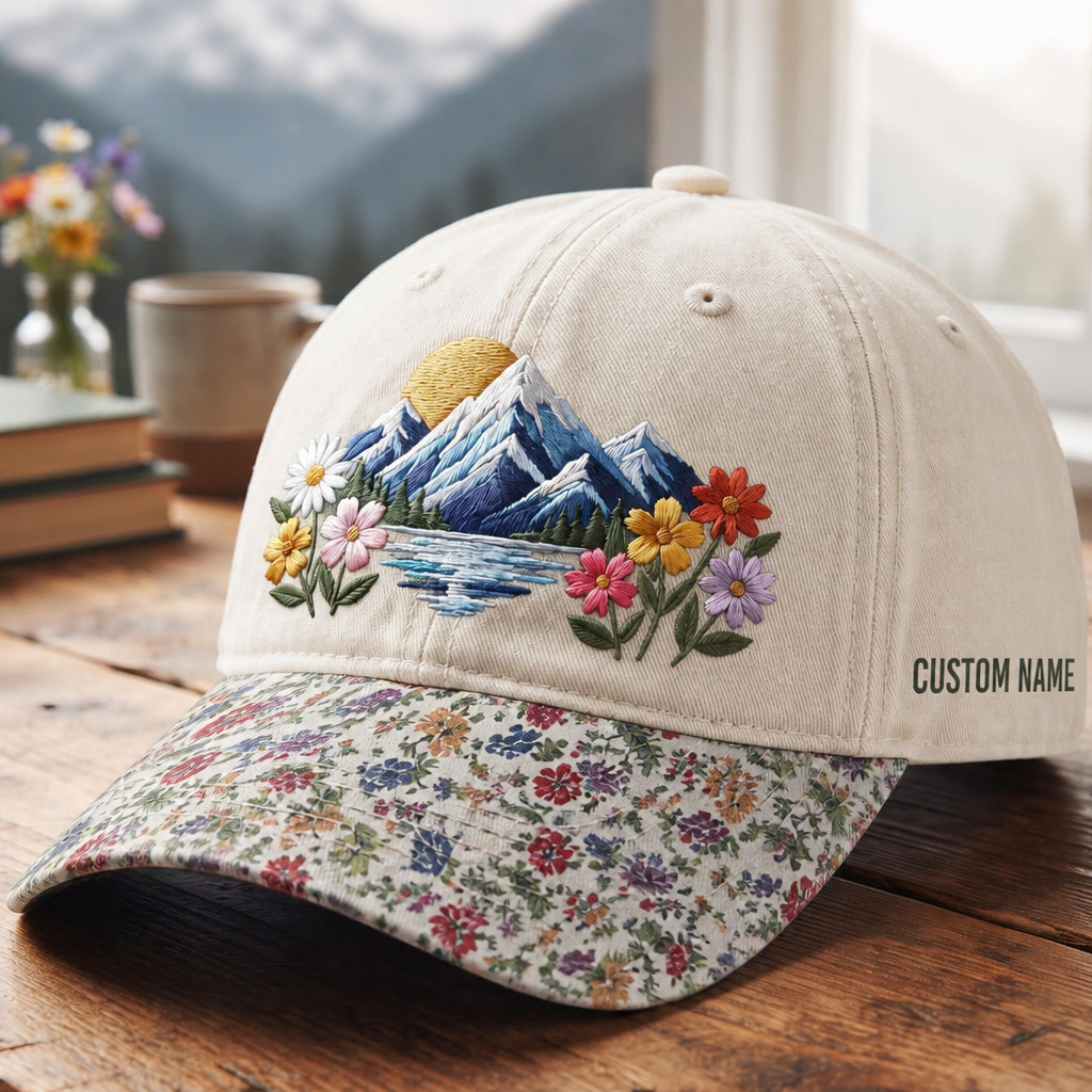 Personalized Mountain Wildflower Lake Sunrise Floral Nature Embroidered Floral & Leopard Brim Hat