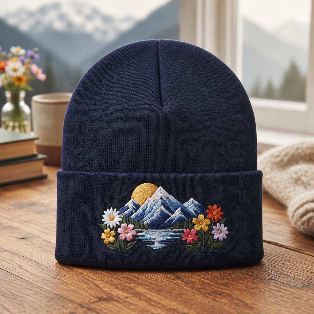 Personalized Mountain Wildflower Lake Sunrise Floral Nature Embroidered Beanie
