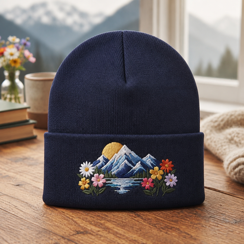 Personalized Mountain Wildflower Lake Sunrise Floral Nature Embroidered Beanie