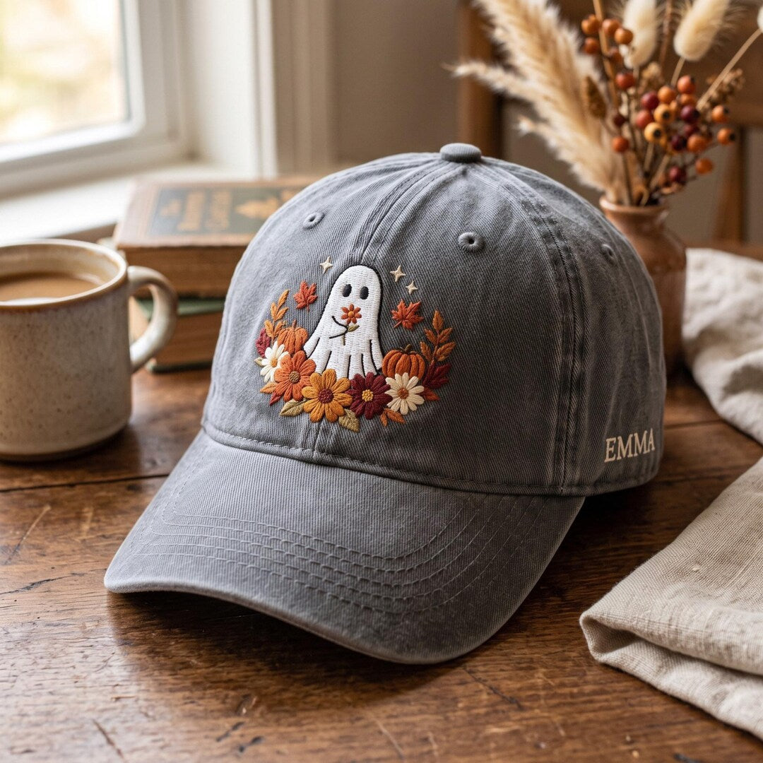 Personalized Halloween Floral Ghost Fall Flowers Pumpkin Embroidered Hat — Washed Hat