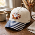 Personalized Halloween Floral Ghost Fall Flowers Pumpkin Embroidered Gingham & Stripe Brim Hat