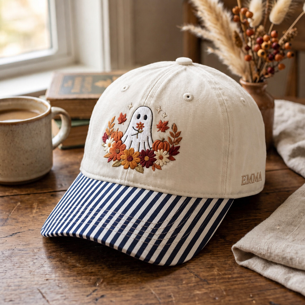Personalized Halloween Floral Ghost Fall Flowers Pumpkin Embroidered Gingham & Stripe Brim Hat
