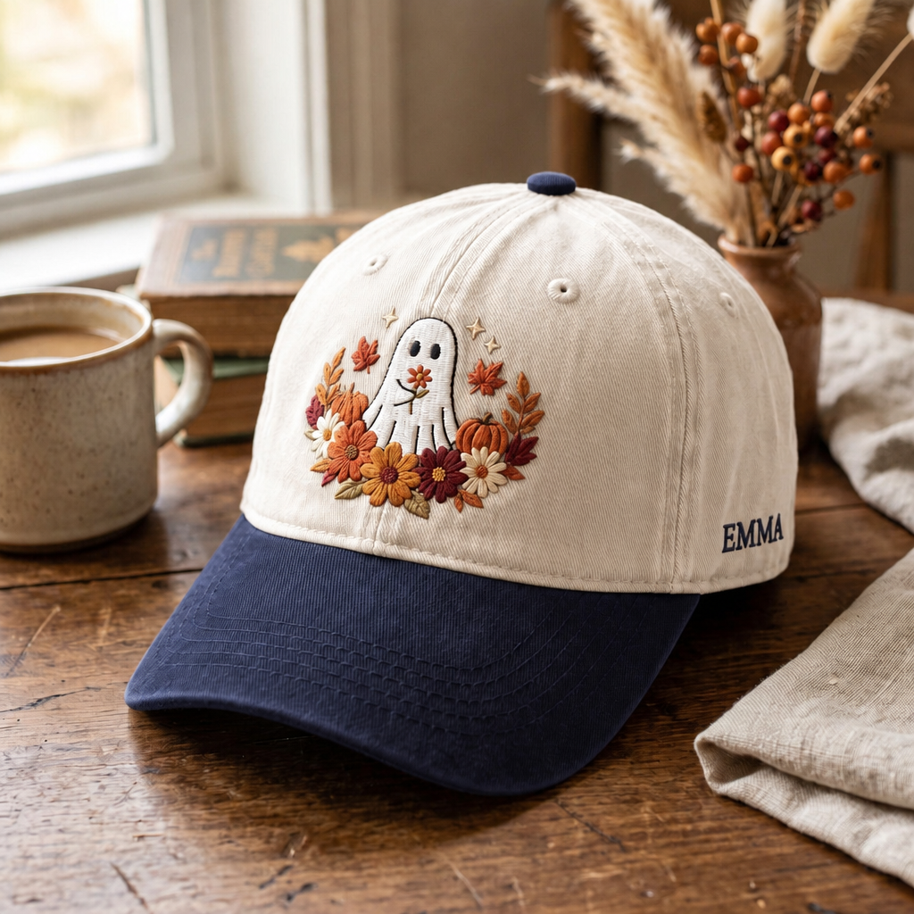 Personalized Halloween Floral Ghost Fall Flowers Pumpkin Embroidered Two-Tone Hat