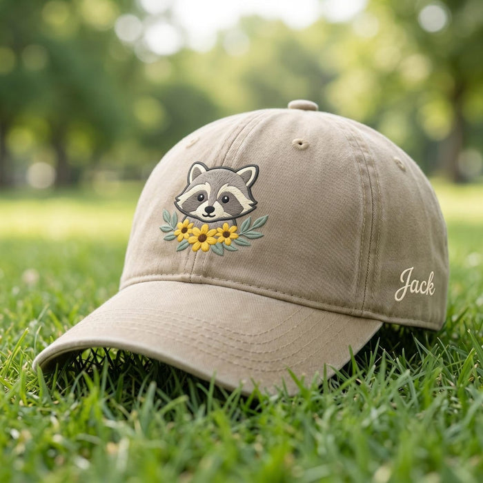 Personalized Raccoon Sunflower Floral Woodland Embroidered Hat