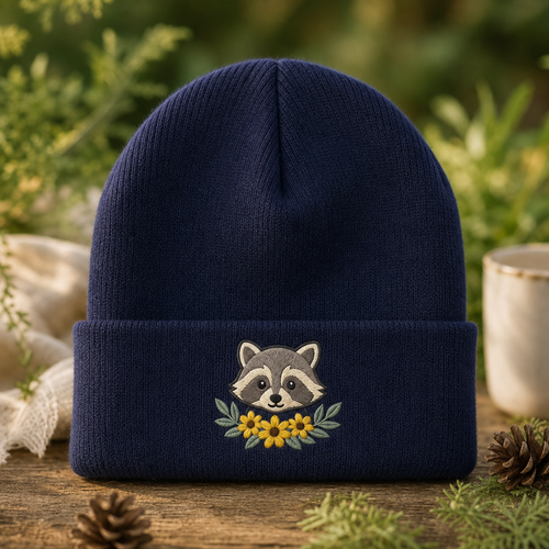 Personalized Raccoon Sunflower Floral Woodland Embroidered Beanie