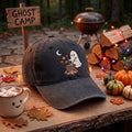 Halloween Ghost Stirring Cauldron Campfire Fall Leaves Moon Embroidered Hat — Washed Hat