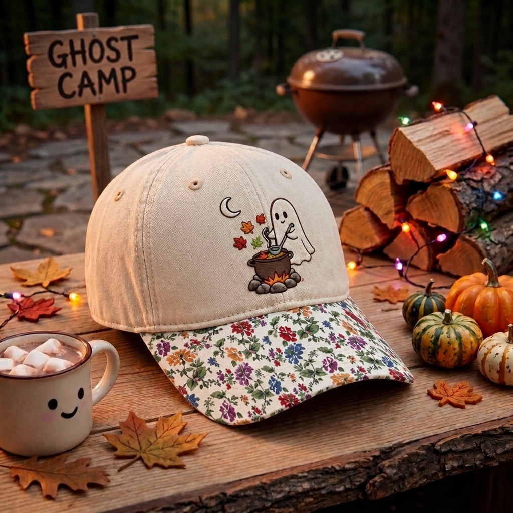 Halloween Ghost Stirring Cauldron Campfire Fall Leaves Moon Embroidered Floral & Leopard Brim Hat