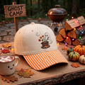 Halloween Ghost Stirring Cauldron Campfire Fall Leaves Moon Embroidered Gingham & Stripe Brim Hat