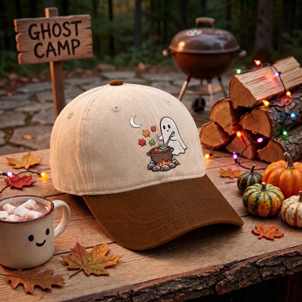 Halloween Ghost Stirring Cauldron Campfire Fall Leaves Moon Embroidered Two-Tone Hat