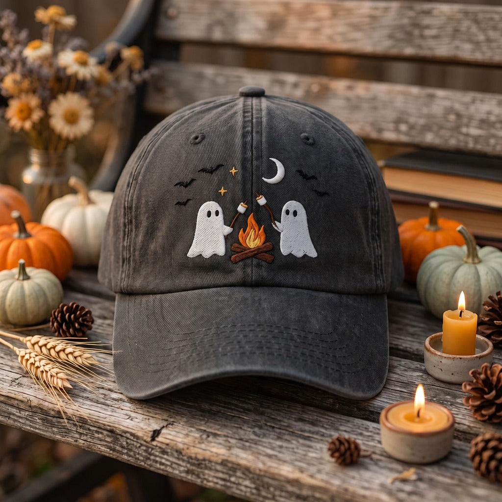 Personalized Halloween Two Ghosts Campfire Marshmallow Moon Bats Embroidered Hat — Washed Hat