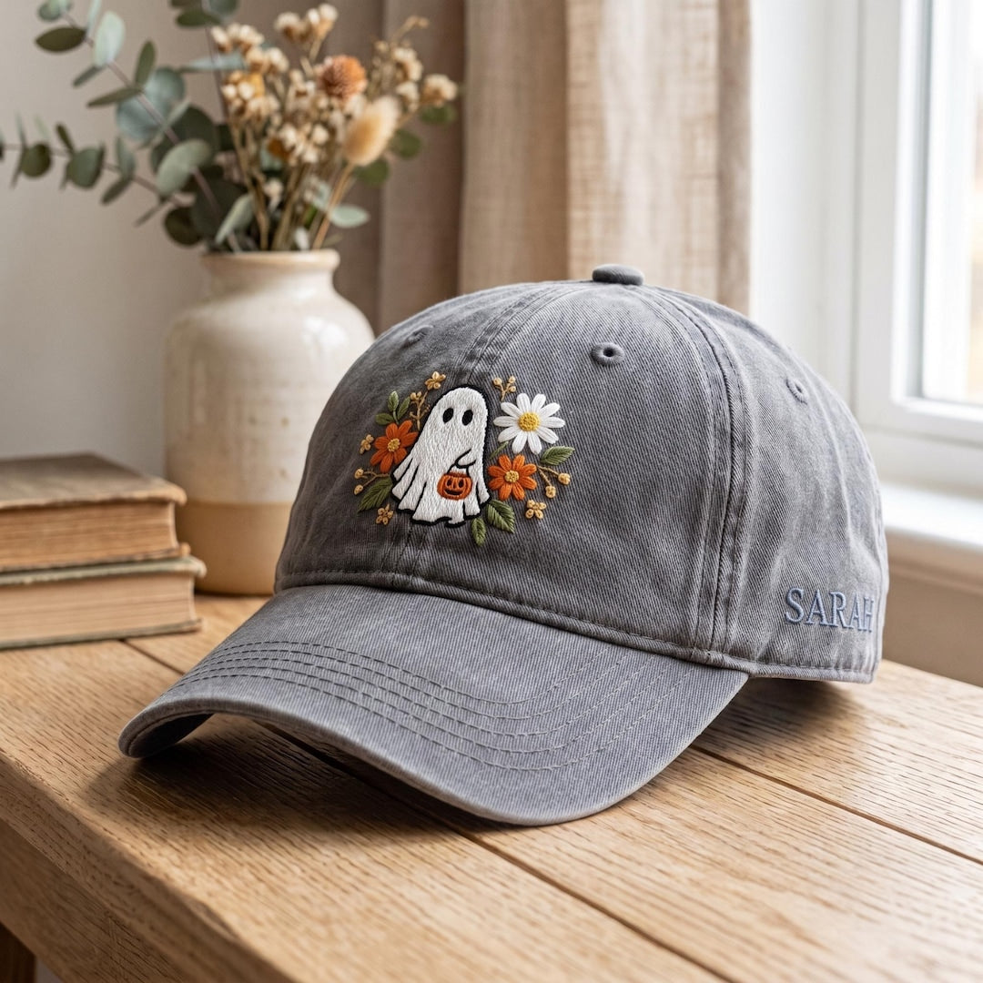 Personalized Halloween Floral Ghost Pumpkin Wildflower Daisy Fall Embroidered Hat — Washed Hat