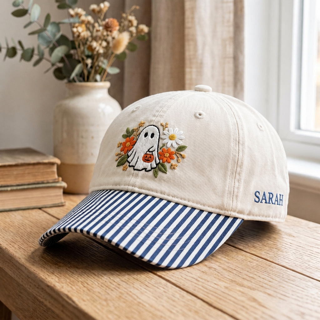 Personalized Halloween Floral Ghost Pumpkin Wildflower Daisy Fall Embroidered Gingham & Stripe Brim Hat