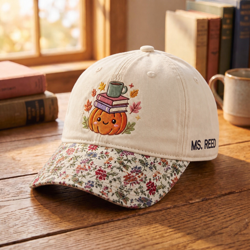 Personalized Fall Pumpkin Books Coffee Cup Autumn Leaves Teacher Embroidered Floral & Leopard Brim Hat