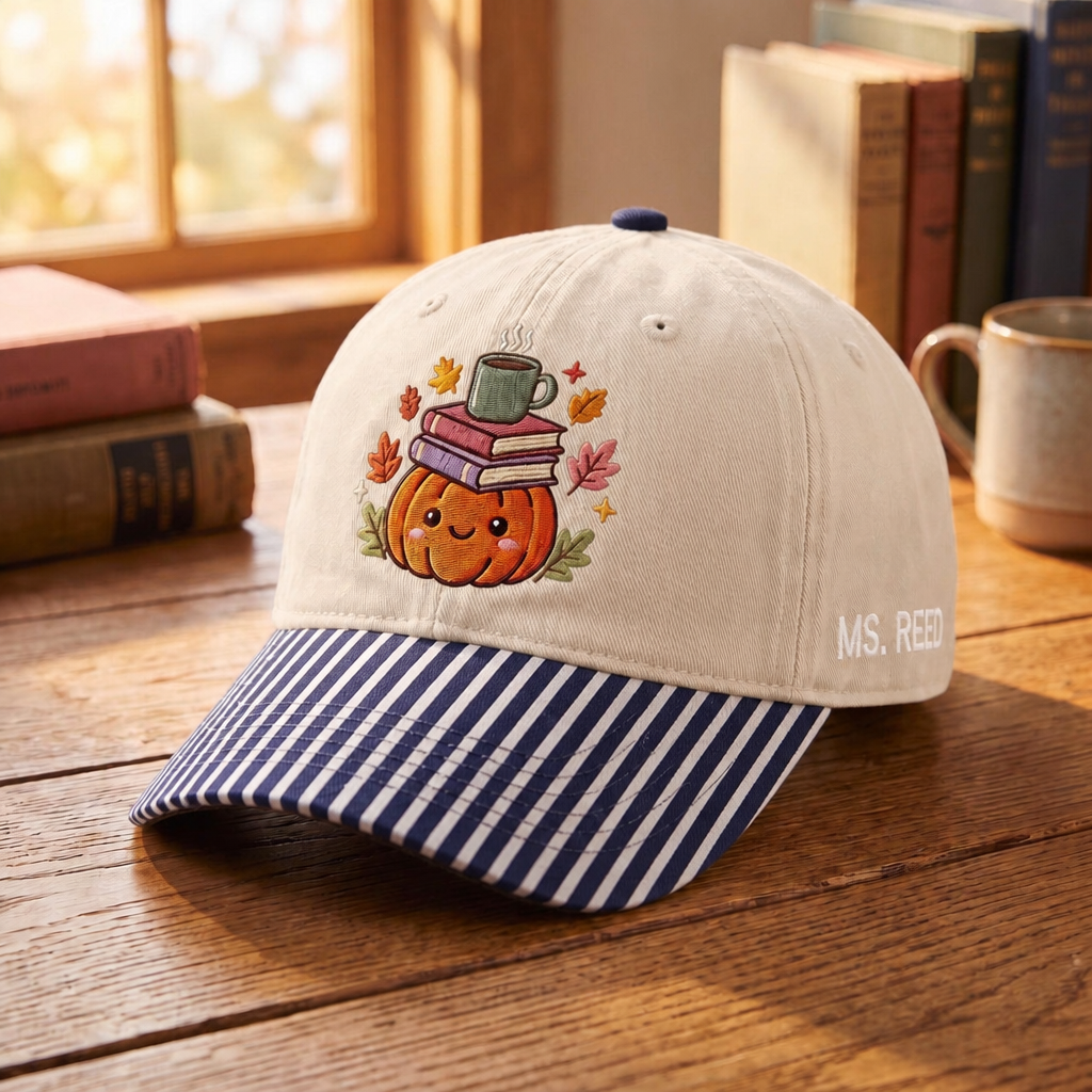 Personalized Fall Pumpkin Books Coffee Cup Autumn Leaves Teacher Embroidered Gingham & Stripe Brim Hat