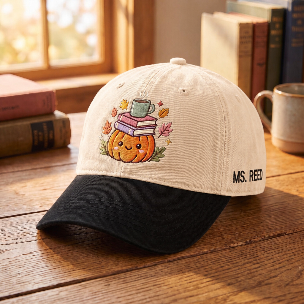 Personalized Fall Pumpkin Books Coffee Cup Autumn Leaves Teacher Embroidered Two-Tone Hat