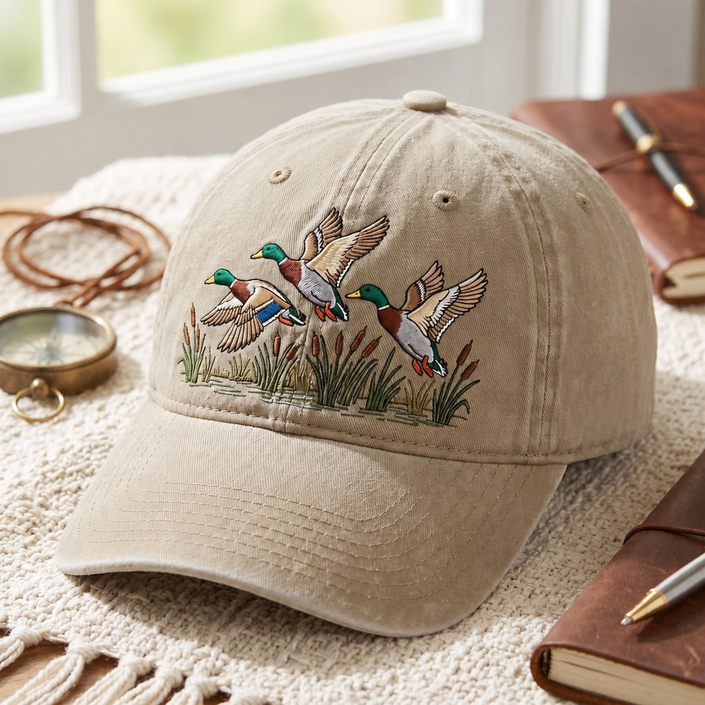 Personalized Mallard Ducks Flying Cattails Marsh Duck Hunting Embroidered Hat — Washed Hat