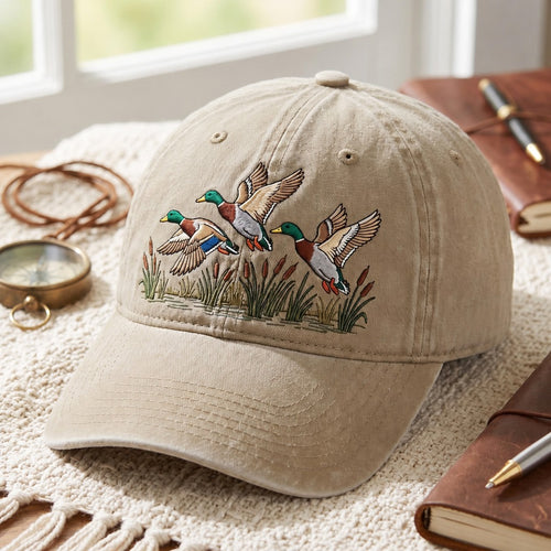 Personalized Mallard Ducks Flying Cattails Marsh Duck Hunting Embroidered Hat — Washed Hat