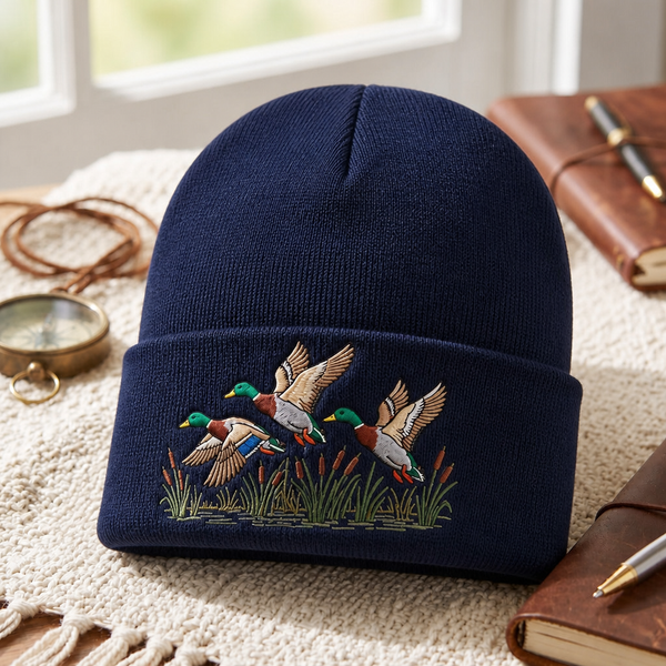 Personalized Mallard Ducks Flying Cattails Marsh Duck Hunting Embroidered Beanie