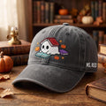 Personalized Halloween Ghost Reading Books Pumpkins Stars Teacher Custom Name Embroidered Hat — Washed Hat