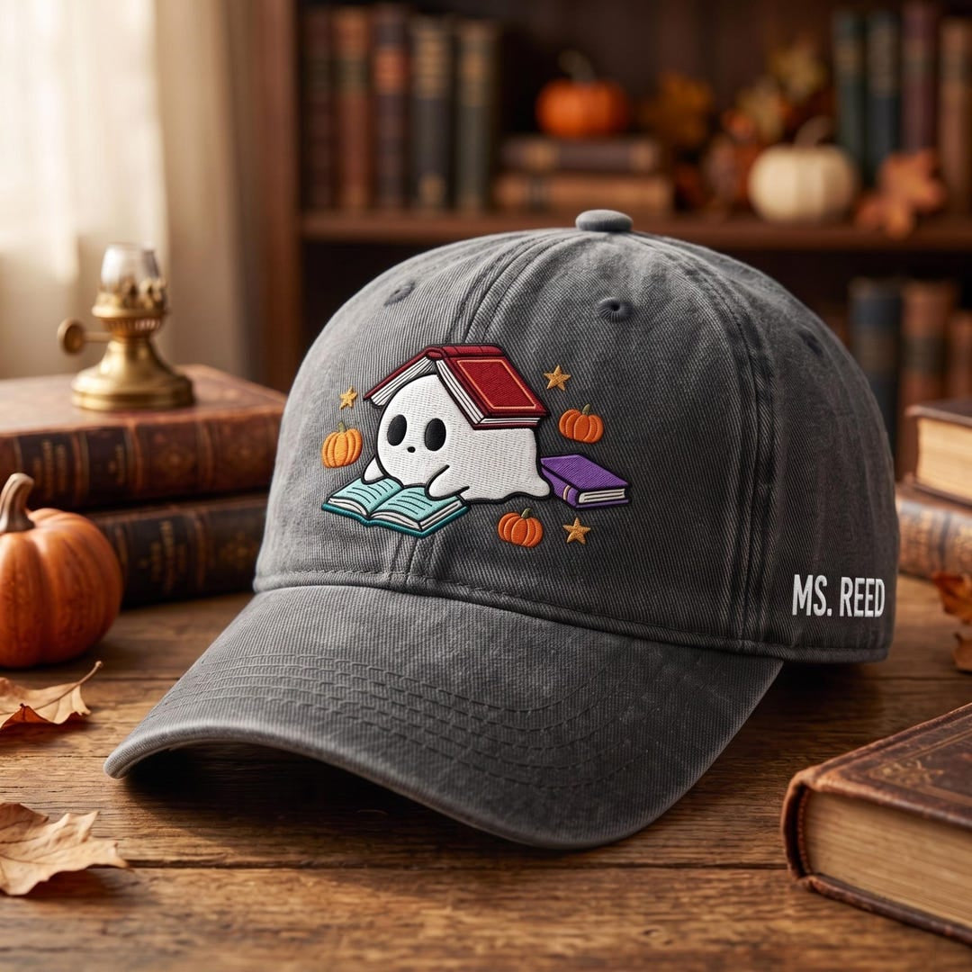 Personalized Halloween Ghost Reading Books Pumpkins Stars Teacher Custom Name Embroidered Hat — Washed Hat