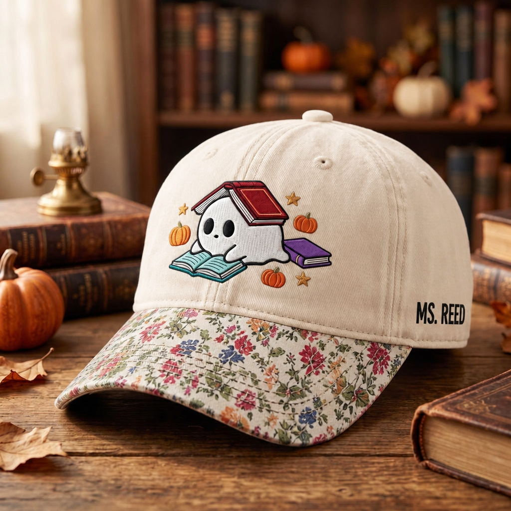 Personalized Halloween Ghost Reading Books Pumpkins Stars Teacher Custom Name Embroidered Floral & Leopard Brim Hat