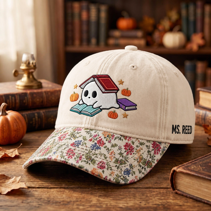 Personalized Halloween Ghost Reading Books Pumpkins Stars Teacher Custom Name Embroidered Floral & Leopard Brim Hat