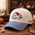 Personalized Halloween Ghost Reading Books Pumpkins Stars Teacher Custom Name Embroidered Gingham & Stripe Brim Hat