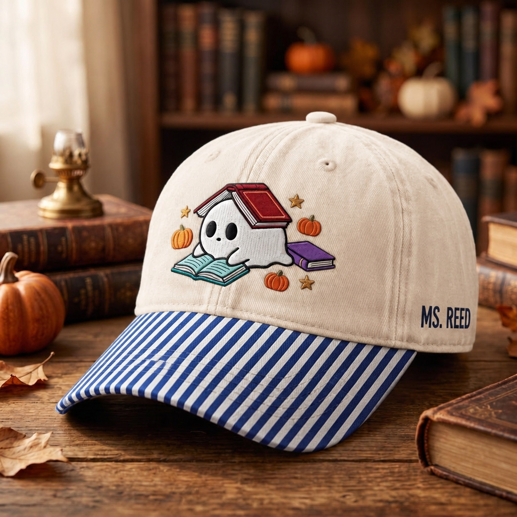 Personalized Halloween Ghost Reading Books Pumpkins Stars Teacher Custom Name Embroidered Gingham & Stripe Brim Hat