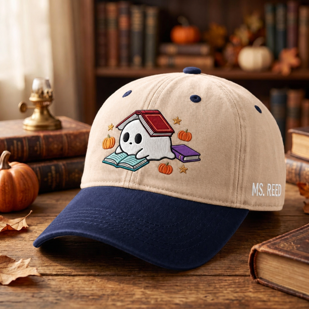Personalized Halloween Ghost Reading Books Pumpkins Stars Teacher Custom Name Embroidered Two-Tone Hat