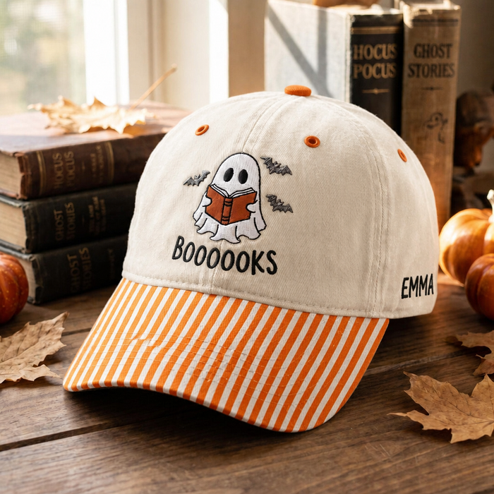 Personalized Halloween Ghost Reading Booooks Bats Custom Name Embroidered Gingham & Stripe Brim Hat