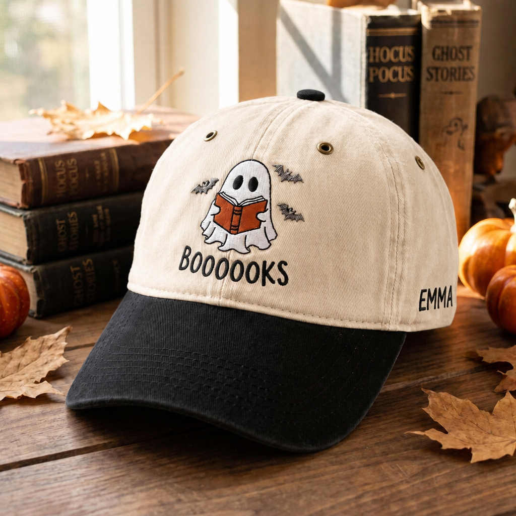 Personalized Halloween Ghost Reading Booooks Bats Custom Name Embroidered Two-Tone Hat