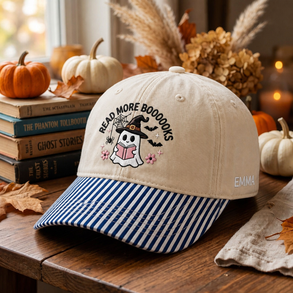 Personalized Halloween Ghost Reading Book Read More Booooooks Embroidered Gingham & Stripe Brim Hat