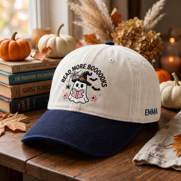 Personalized Halloween Ghost Reading Book Read More Booooooks Embroidered Two-Tone Hat
